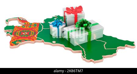 Geschenkschachteln auf der turkmenischen Karte. Weihnachten und Neujahr in Turkmenistan Konzept. 3D Darstellung isoliert auf weißem Hintergrund Stockfoto