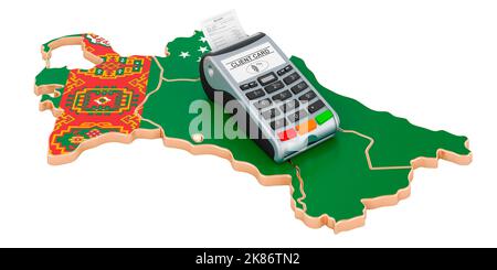 Karte von Turkmenisch mit POS-Terminal. Bargeldloser Zahlungsverkehr in Turkmenistan Konzept. 3D Darstellung isoliert auf weißem Hintergrund Stockfoto