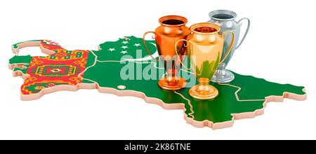 Trophäenbecher auf der turkmenischen Karte. Sportturniere in Turkmenistan, Konzept. 3D Darstellung isoliert auf weißem Hintergrund Stockfoto