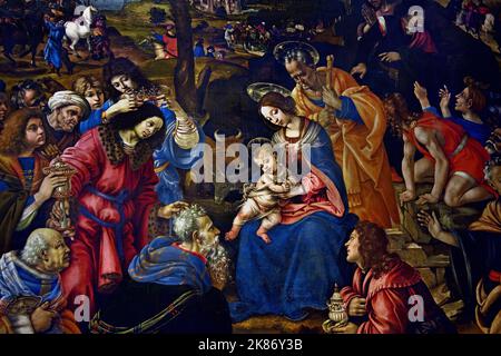 Anbetung der Könige Filippino Lippi (Prato 1457 c. – Florenz 1504), Florenz, Italien. Anbetung, Könige, (Anbetung der Könige, Geburt Jesu, drei Könige, dargestellt als Könige, fanden Jesus, indem sie einem Stern folgten, legten vor ihm Geschenke von Gold, Weihrauch und Myrrhe, und verehren ihn, Stockfoto