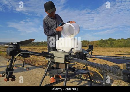 Nanchang, Chinas Provinz Jiangxi. 20. Oktober 2022. Ein Techniker lädt Raps auf eine Drohne im Dorf Shangban der Gemeinde Luoting in der Stadt Nanchang, ostchinesische Provinz Jiangxi, 20. Oktober 2022. Quelle: Wan Xiang/Xinhua/Alamy Live News Stockfoto