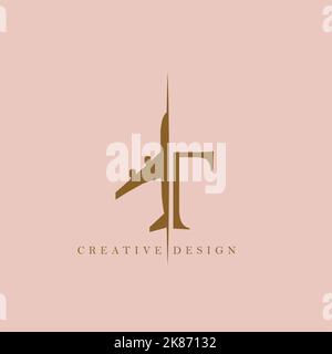 Minimalistisches, modernes Logo-Design und Typografie - halb Flugzeug und halb Buchstabe T auf pinkfarbenem Hintergrund Stock Vektor
