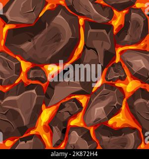 Lava, Magma mit Steinen im Cartoon-Stil nahtlose Muster Hintergrund. Eruptionseffekt, Landschaft. Struktur, Design. Vektorgrafik Stock Vektor