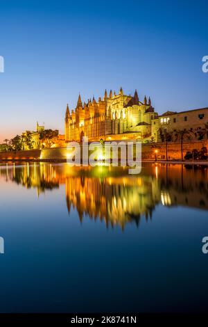 Catedral de Palma (Kathedrale von Palma) bei Nacht, Palma, Mallorca, Balearen, Spanien, Mittelmeer, Europa Stockfoto