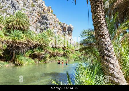 Blick auf den Fluss Megalopotamos und den Palmenwald Preveli, Rethymno, Kreta, griechische Inseln, Griechenland, Europa Stockfoto