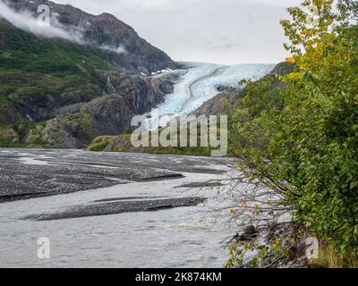 Ein Blick auf den Exit Glacier, der vom Harding Ice Field, Kenai Fjords National Park, Alaska, USA, Nordamerika, kommt Stockfoto
