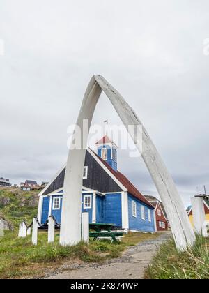 Außenansicht der Bethel-Kirche, erbaut 1775, im Stadtzentrum in der Stadt Sisimiut, Grönland, Dänemark, Polarregionen Stockfoto