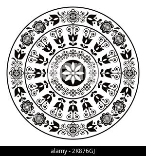 Skandinavische Volkskunst Vektor Mandala-Design, niedliches Muster mit Blumen Retro-Stil in schwarz auf weißem Hintergrund Stock Vektor