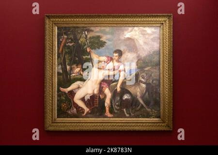 Ein Blick auf Venus und Adonis des venezianischen Renaissance-Künstlers Tizian in Sotheby's in London, der am 7.. Dezember in der Abendauktion der Alten Meister zu sehen sein wird. Bilddatum: Freitag, 21. Oktober 2022. Stockfoto