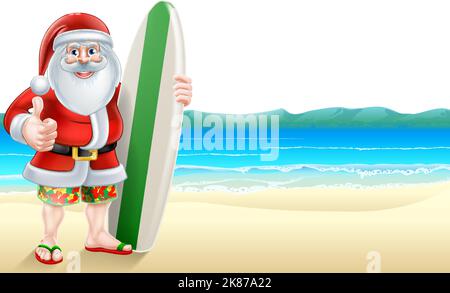 Surfer Cartoon Weihnachtsmann Weihnachtsfigur am Strand Stock Vektor