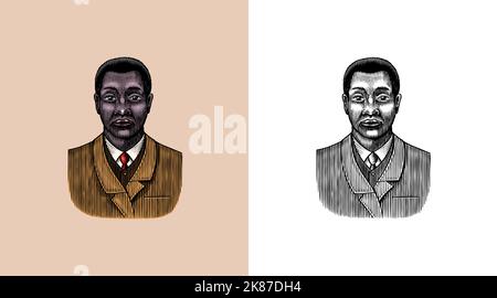 Eleganter Mann. Männliches Gesicht. Afroamerikanische Herren. Viktorianische Zeit. Mode und Kleidung. Geschäftsmann im Anzug. Handgezeichnet Alte Skizze. Vintage graviert Stock Vektor