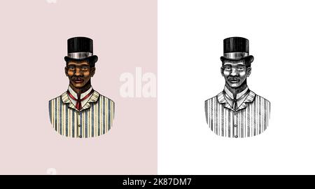 Eleganter Mann. Männliches Gesicht. afroamerikanische Herren im Zylinderhut. Viktorianische Zeit. Mode und Kleidung. Geschäftsmann im Anzug. Handgezeichnet Alte Skizze Stock Vektor