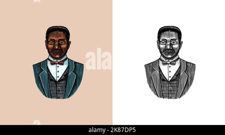 Eleganter Mann. Männliches Gesicht. Afroamerikanische Herren. Viktorianische Zeit. Mode und Kleidung. Geschäftsmann im Anzug. Handgezeichnet Alte Skizze. Vintage graviert Stock Vektor