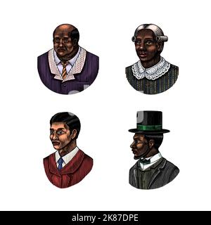 Eleganter Mann. Männliches Gesicht. afroamerikanische Herren. Viktorianische Zeit. Mode und Kleidung. Geschäftsmann im Anzug. Handgezeichnet Alte Skizze. Vintage graviert Stock Vektor