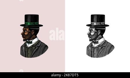 Eleganter Mann. Männliches Gesicht. afroamerikanische Herren im Zylinderhut. Viktorianische Zeit. Mode und Kleidung. Geschäftsmann im Anzug. Handgezeichnet Alte Skizze Stock Vektor