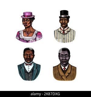 Eleganter Mann. Männliches Gesicht. afroamerikanische Herren. Viktorianische Zeit. Mode und Kleidung. Geschäftsmann im Anzug. Handgezeichnet Alte Skizze. Vintage graviert Stock Vektor