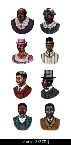 Eleganter Mann. Männliches Gesicht. afroamerikanische Herren. Viktorianische Zeit. Mode und Kleidung. Geschäftsmann im Anzug. Handgezeichnet Alte Skizze. Vintage graviert Stock Vektor