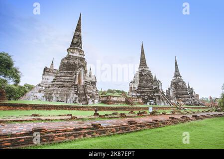 Der alte Wat Phra Si Sanphet wurde in der Provinz Ayutthaya, Thailand, ruiniert. Stockfoto