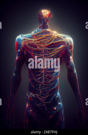 Neuronales Netzwerk in Form eines menschlichen Körpers. Neuronale menschliche Figur. Digitale Illustration. Stockfoto