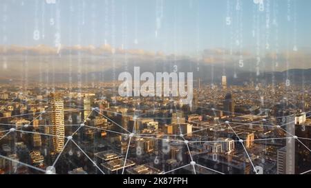 Luftaufnahme der izmir Skyline mit Verbindungen. Technologie-Futuristisch. High-Tech-Ansicht des Finanzbezirks durch ein Netzwerk verbunden. Internet Stockfoto