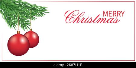 Weihnachtsdekor, Weihnachtskugeln auf einem Christbaumzweig. Breites Banner mit Platz für Text, Kopierbereich. Stock Vektor