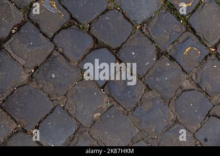 Struktur einer gepflasterten Straße. Muster der alten Allee. Gerade Reihen von Steinen. Stockfoto