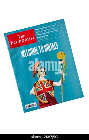 22-28. Oktober 2022. Auf der Titelseite des Economist steht Welcome to Britaly, der die britische Wirtschaft mit der italienischen vergleicht. Die italienische Regierung hat dabei eine Ausnahme gemacht. Stockfoto