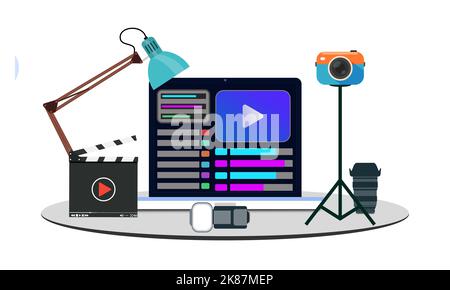 Videografiekonzept und Video Editing Gear Design Flat. Moderner Computer mit Kamera, Linse, Klapptafel und LED-Licht mit anderen Cinematography Equi Stockfoto