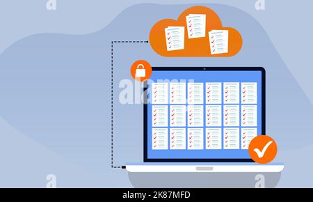 Hochladen von Dateien auf das Cloud Computing von Einem modernen Laptop aus. Sicherer und sicherer Transfer-Service. Digitale Informationen und Datenbank-Upload Stockfoto