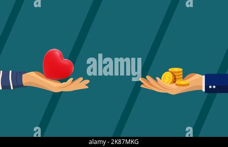 Hände tauschen Geld und rotes Herz auf blauem Hintergrund. Ein Geschäftsmann verschenkte Dollarmünzen und erhielt die Liebe der Menschheit. Ein Geschäftsmann, der ihn kauft Stockfoto