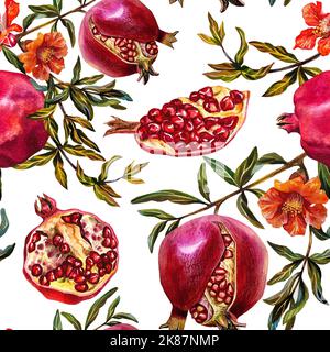 Granatapfel-Nahtloses Muster. Granatapfelfrucht auf einem Ast, offener Granatapfel, Granatapfelblüten. Aquarelldarstellung. Auf weißem Hintergrund. Fotolia Stockfoto