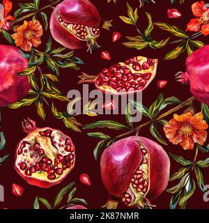 Granatapfel-Nahtloses Muster. Granatapfelfrucht auf einem Ast, offener Granatapfel, Granatapfelblüten. Aquarelldarstellung. Auf weißem Hintergrund. Fotolia Stockfoto