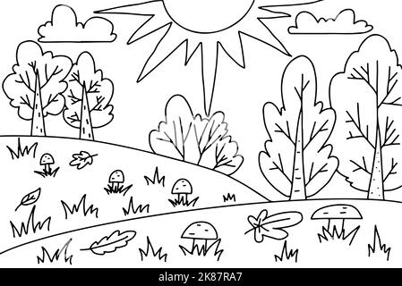 Malvorlagen für Kinder. Landschaft mit Sonne, Bäumen, Sträuchern, Pilzen. Handgezeichnete Illustration im Doodle-Stil. Aktivitätsblatt. Stock Vektor