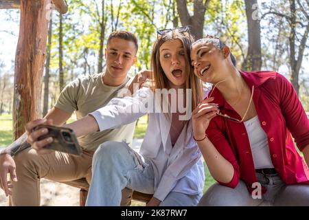 Freundschaft, Freizeit, Sommer, Technologie und Menschen Konzept - Gruppe von lächelnden Freunden machen Selfie mit dem Smartphone im Park Stockfoto