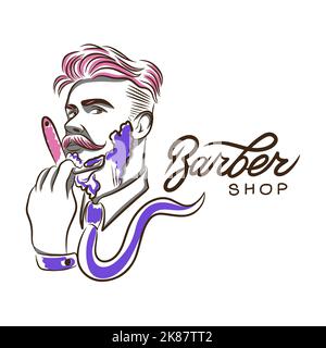 Barbershop, Mann mit Rasur, Dekoration im Schönheitssalon Stock Vektor