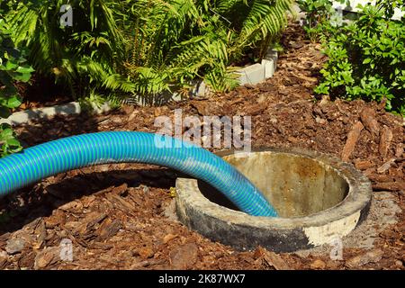 Abpumpen von Abwasser aus einem Klärbecken. Rohr in der Abflussgrube. Stockfoto