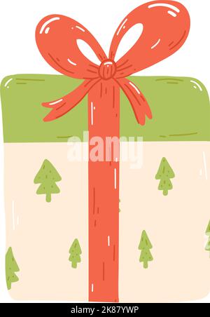 Weihnachts- oder Neujahrsgeschenk im Cartoon-Stil. Handgezeichnete Vektor-Illustration des Geschenks mit rotem Band und Schleife. Stock Vektor