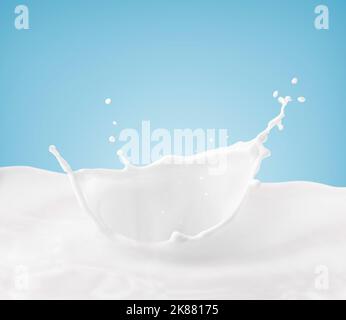 Milchkrone spritzt, spritzt in Milchbecken mit blauem Hintergrund Stockfoto