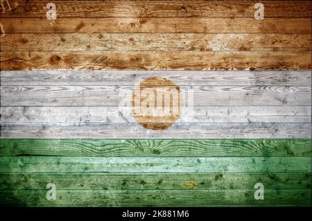 Ein bandtypischen Hintergrundbild der Flagge Nigers auf Holzbrettern einer Wand oder Boden. Stockfoto