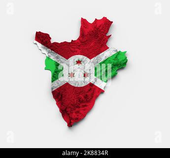 Burundi Karte Burundi Flagge schattiertes Relief Farbe Höhenkarte auf weißem Hintergrund 3D Abbildung Stockfoto