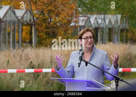 21. Oktober 2022, Brandenburg, Cottbus/OT Branitz: Klara Geywitz (SPD), Bundesministerin für Bau und Wohnen, spricht im Freilichtpark Branitz auf dem Gelände der zukünftigen "Neuen Universität" vor ehemaligen Gewächshäusern. Vorgestellt wurde das Modellprojekt 'New Tree University Branitz' der Bundesregierung zur Erhaltung historischer Gärten im Klimawandel. Auf dem Gelände eines ehemaligen Marktgartens soll eine neue Ära der 176 Jahre alten Branitz Tree University entstehen. Der Outdoor-Park wird große Anbauflächen für die Vermehrung von Gehölzen und einen experimentellen Plan bieten Stockfoto