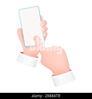 3D Hände halten Smartphone isoliert auf weißem Hintergrund. Mockup Des Cartoon-Geräts. Man hält Telefon mit leerem Bildschirm. Berühren des Bildschirms mit dem Finger. Stock Vektor