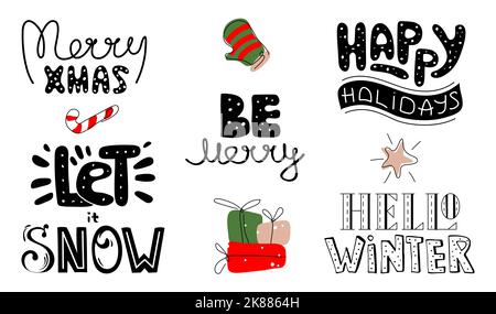 Weihnachts-Set mit Zitat-Schriftzug FROHE WEIHNACHTEN, LASSEN SIE ES SCHNEIEN, HALLO WINTER, SEI FRÖHLICH, FROHE FEIERTAGE und Fäustlinge, Geschenke, Süßigkeiten. Der Vektor Stock Vektor