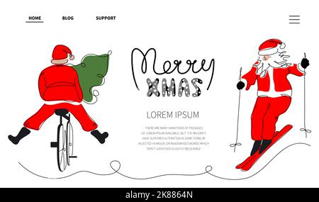 Weihnachts-Web-Landing-Page mit dem Weihnachtsmann zum Skifahren, auf dem Fahrrad und Zitat-Schriftzug FROHE WEIHNACHTEN. Die Vektorgrafik im handgezeichneten Kunststil für Stock Vektor