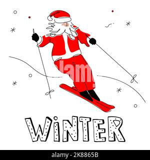 Frohe Weihnachts-Postkarte mit Weihnachtsmann zum Skifahren und Zitat Schriftzug BE MERRY. Die Weihnachtsvektorillustration im handgezeichneten Kunststil für ein glückliches neues Jahr Stock Vektor