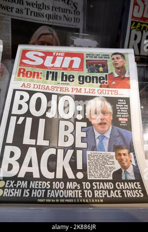 Die Titelseite der Sun-Zeitung Boris Johnson „Bojo: Ich komme wieder!“ 21. Oktober 2022 London England Großbritannien Stockfoto