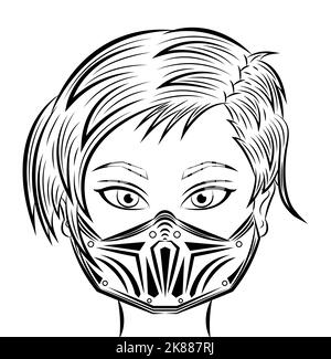 Illustration der Frau trägt Gesichtsmaske in Pandemie, schwarz-weiße Zeichnung, Färbung Illustration Stockfoto