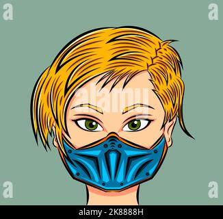 Illustration einer blonden Frau mit Gesichtsmaske bei einer Pandemie Stockfoto