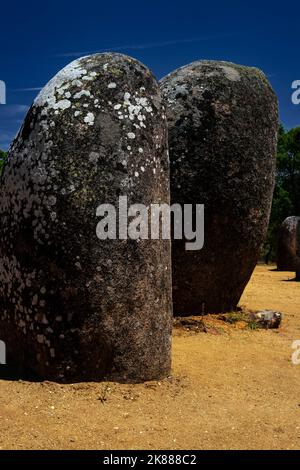 Prähistorische Symbole sind noch immer nur auf der Flechten-bedeckten Oberfläche einiger der abgerundeten Granitfelsen zu sehen, die sich vor 7.000 Jahren in Kreisen gruppiert haben, um den Almendres Cromlech bei Évora in Alentejo, Portugal, zu bilden. Der Megalithkomplex, bekannt als portugiesischer Stonehenge, ist mindestens 2.000 Jahre älter als dieses weltberühmte Denkmal in der englischen Salisbury Plain. Stockfoto