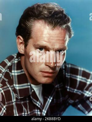 Charlton Heston Schauspieler 01. Mai 1955 **WARNUNG** Dieses Foto ist nur für den redaktionellen Gebrauch bestimmt und unterliegt dem Copyright der Film Company und/oder des Fotografen, der von der Film- oder Produktionsfirma beauftragt wurde und kann nur durch Publikationen im Zusammenhang mit der Bewerbung des oben genannten Films reproduziert werden. Eine obligatorische Gutschrift an die Filmgesellschaft ist erforderlich. Der Fotograf sollte auch bei Bekanntwerden des Fotos gutgeschrieben werden. Ohne schriftliche Genehmigung der Film Company kann keine kommerzielle Nutzung gewährt werden. Stockfoto